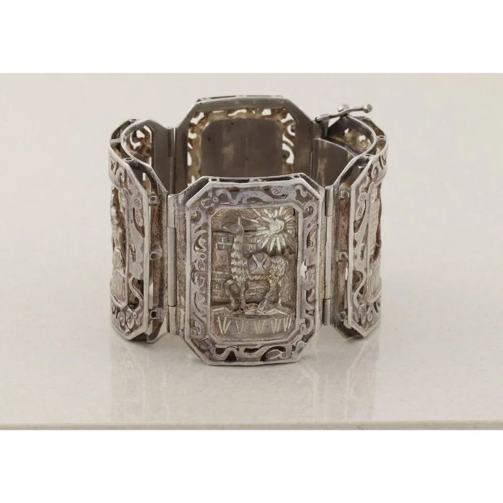 Sterling Silver Aztec Mayan Bracelet 6 3/4" inch - Picture 7 of 9